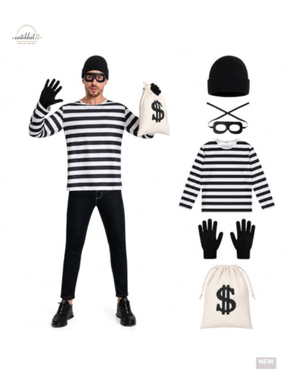 Men's 5-Piece Robber Burglar Costume Set Striped Long Sleeve Shirt